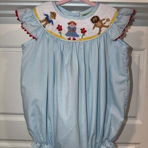 Blue Smocked Kids Dress with Embroidered Characters